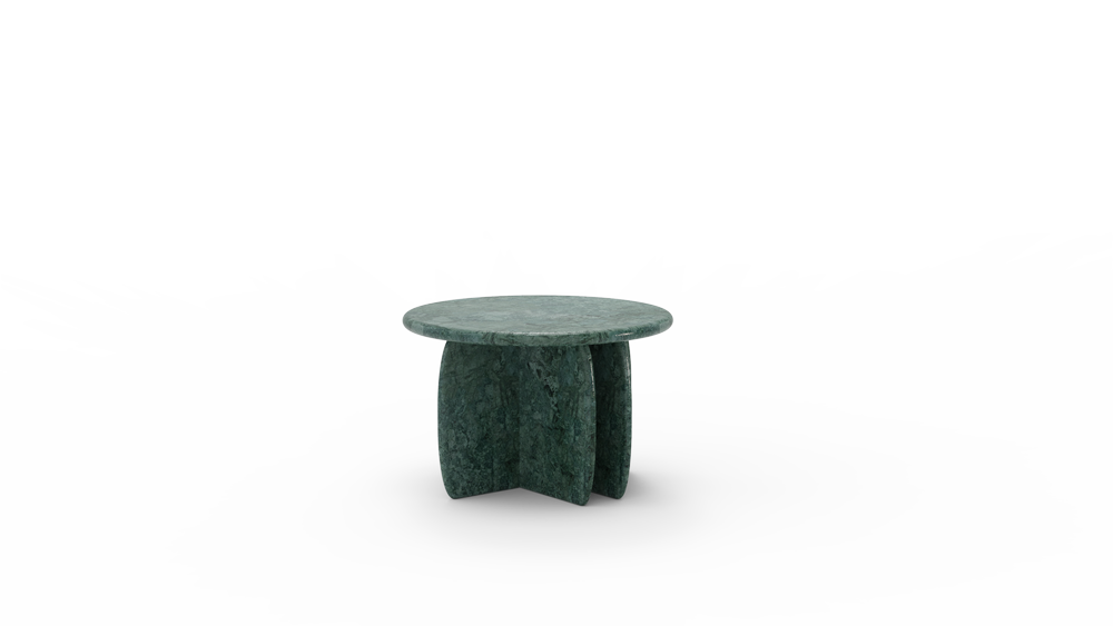 Compact dark stone side table with geometric base for modern interiors