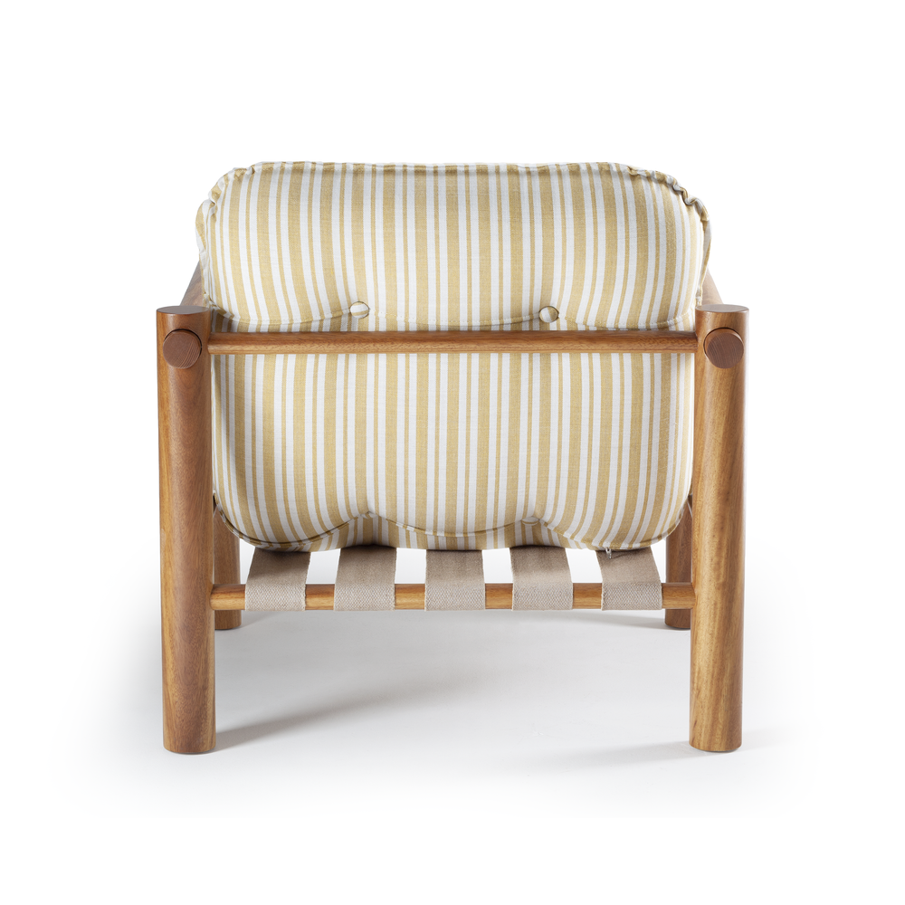 Rear view of the James Armchair highlighting the architectural solid wood frame and horizontal support beam with artisanal joinery.