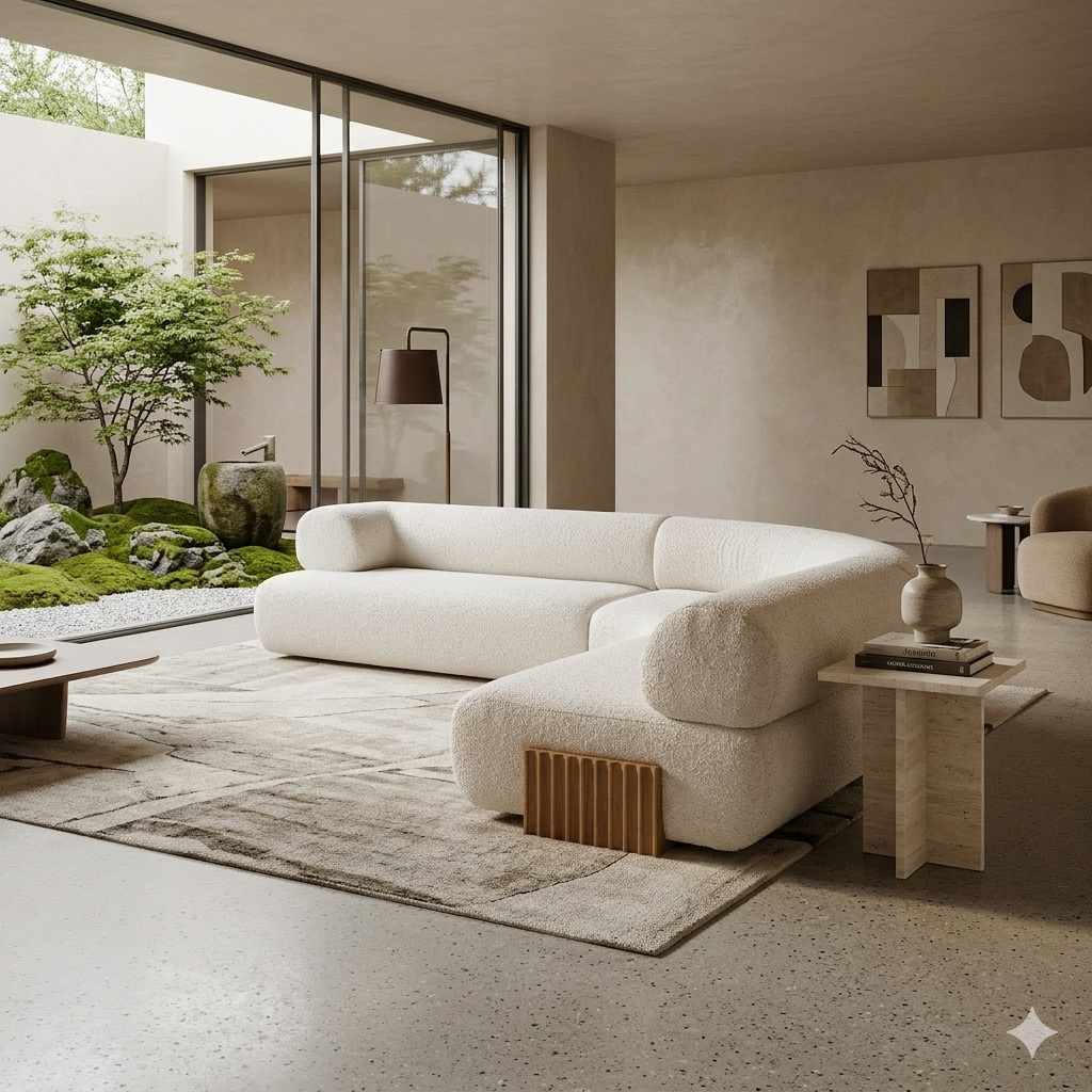 Carmel 3-Piece Modular Curved Sectional in Alabaster Bouclé, featuring a sculptural low-profile silhouette and distinctive fluted wood leg detail.marie burgos collectio.png