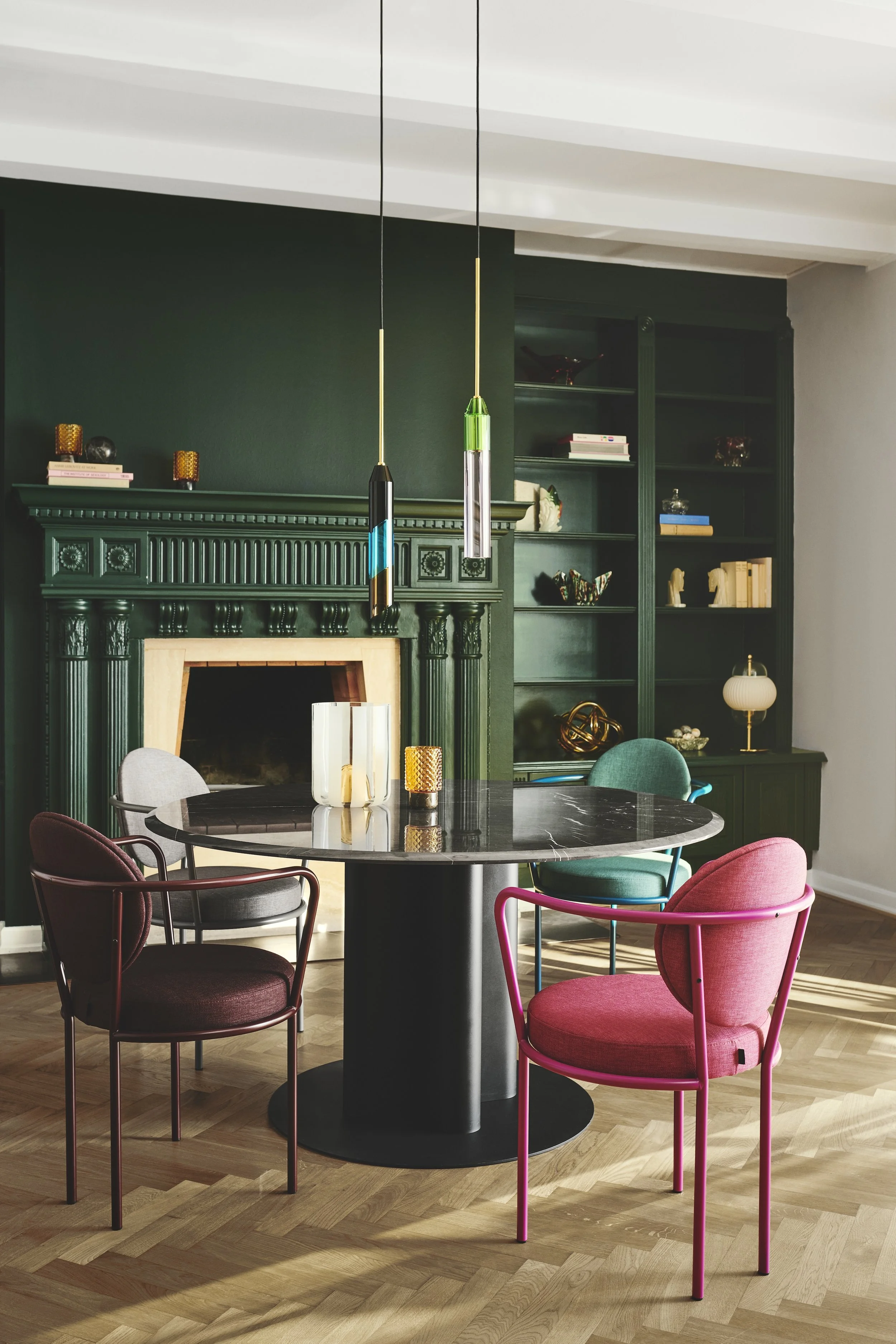 Dining room holiday, Casablanca chairs, Hurricane candles, green interior