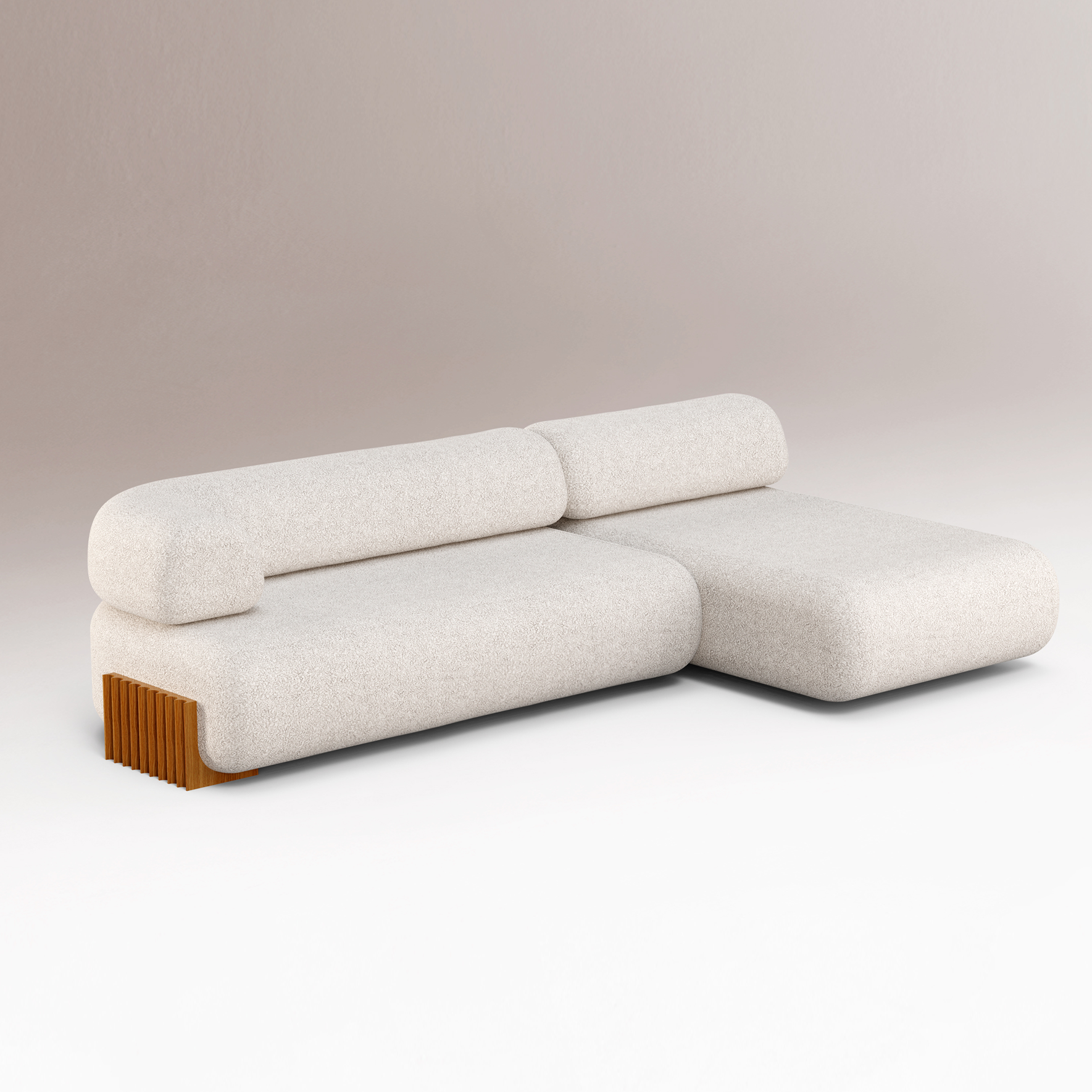 Side profile view of the Carmel Modular Sofa with Chaise, highlighting the 16-inch low-profile modernist silhouette and block armrest.