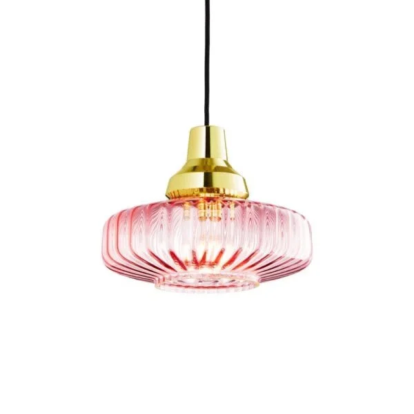 Marie Burgos Collection New Wave Optic Pendant Light in Pink, featuring mouth-blown ribbed optic glass, a wave-patterned silhouette, and a textile cord.