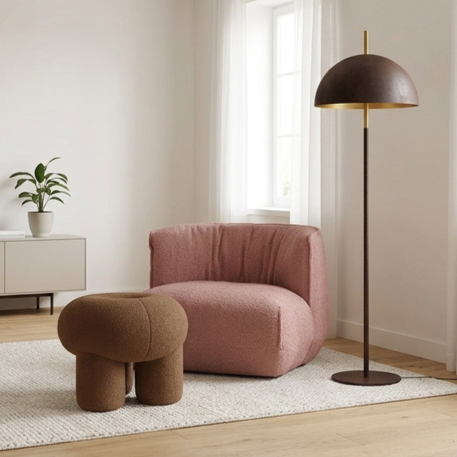 Kitsui Occasional Chair Coral with Ollie Ottoman and Queen Floor Lamp