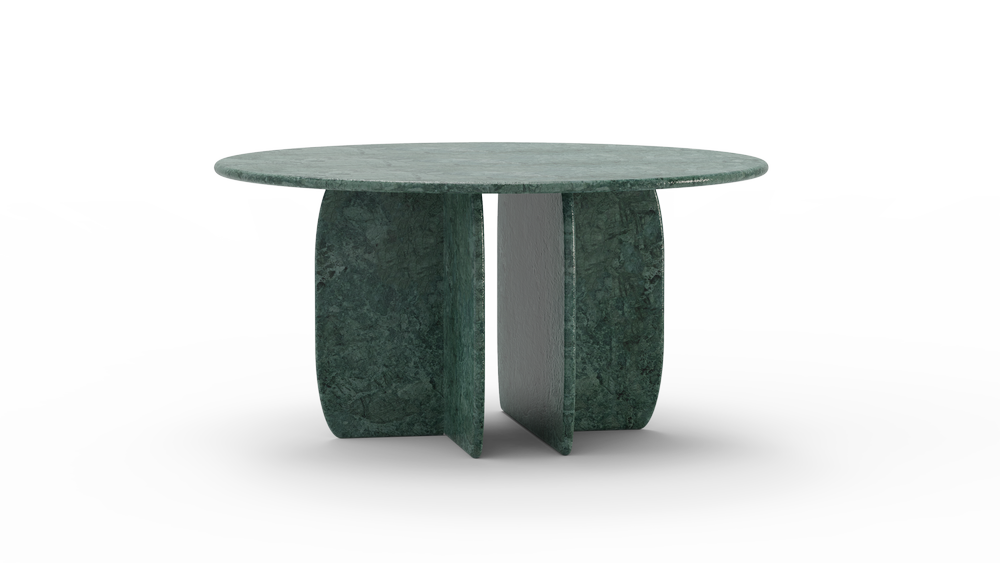 Contemporary round dining table in green stone with bold architectural base, suitable for luxury outdoor environments.