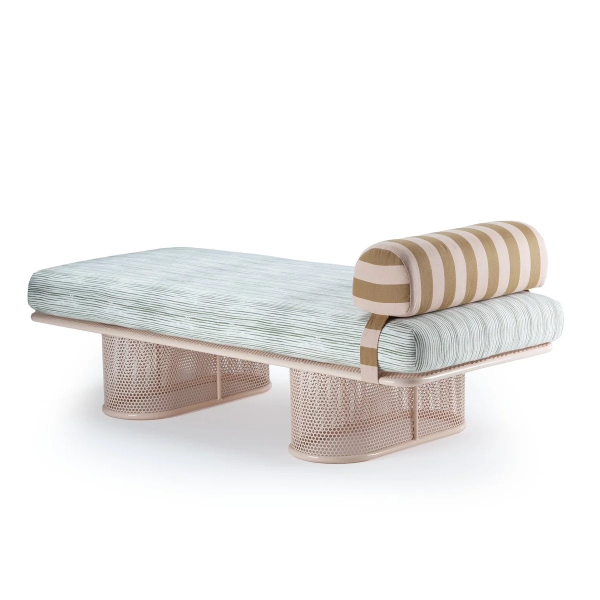 A top-down perspective of the orange metal bench, highlighting the symmetrical design, the seat depth, and the vibrant contrast of the striped cushion.