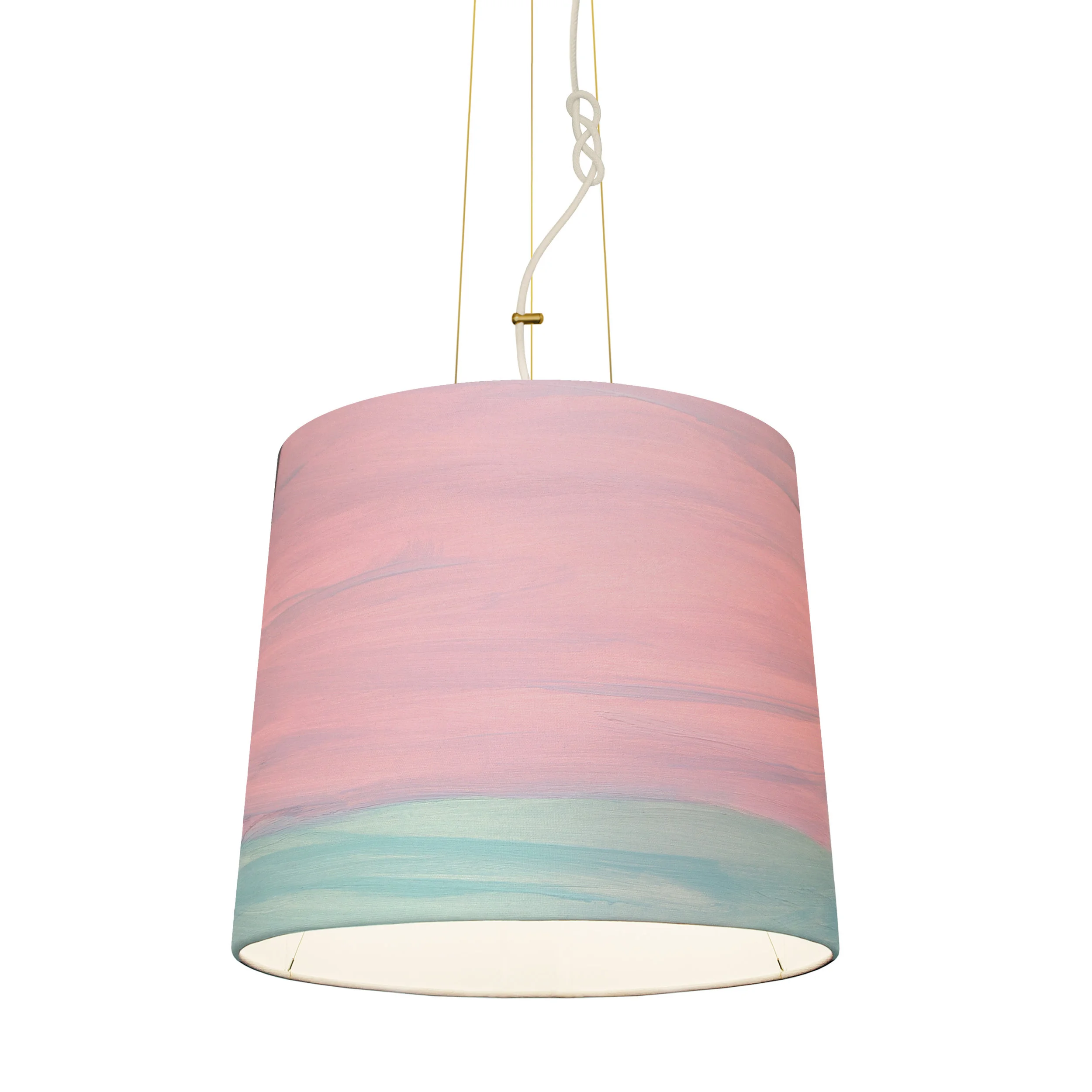 Medium Sisters Pendant Light in Blossom colorway, 17-inch hand-painted canvas shade with warm painterly textures. An artistic mid-sized hanging lamp curated by Marie Burgos Collection.