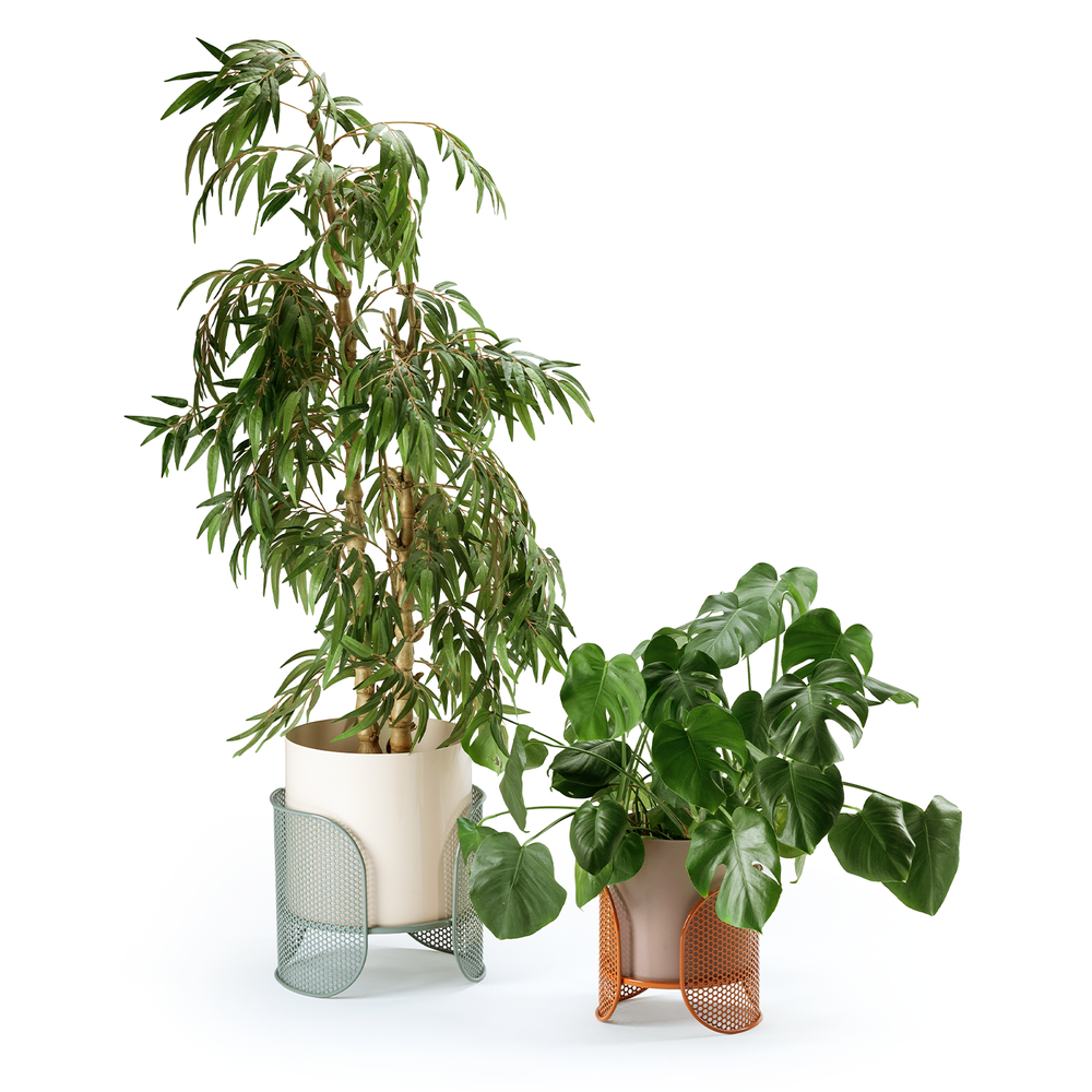 Set of Riviera vases in different sizes featuring perforated metal bases, ideal for modern interior and outdoor styling.