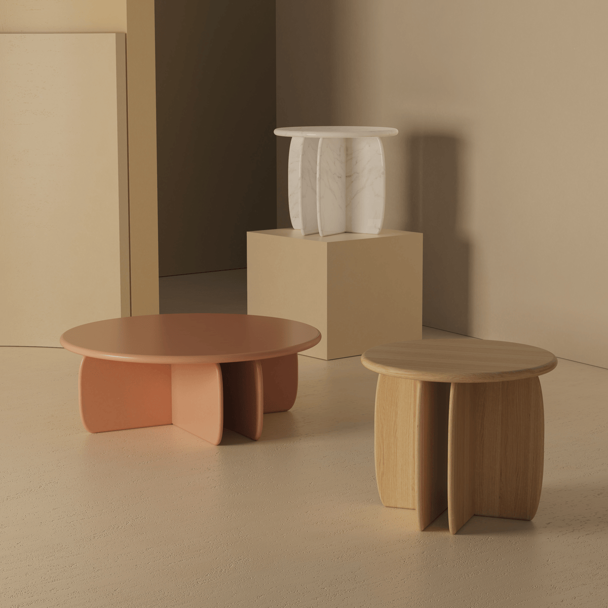 Combination of terrazzo, marble and wood tables in styled composition