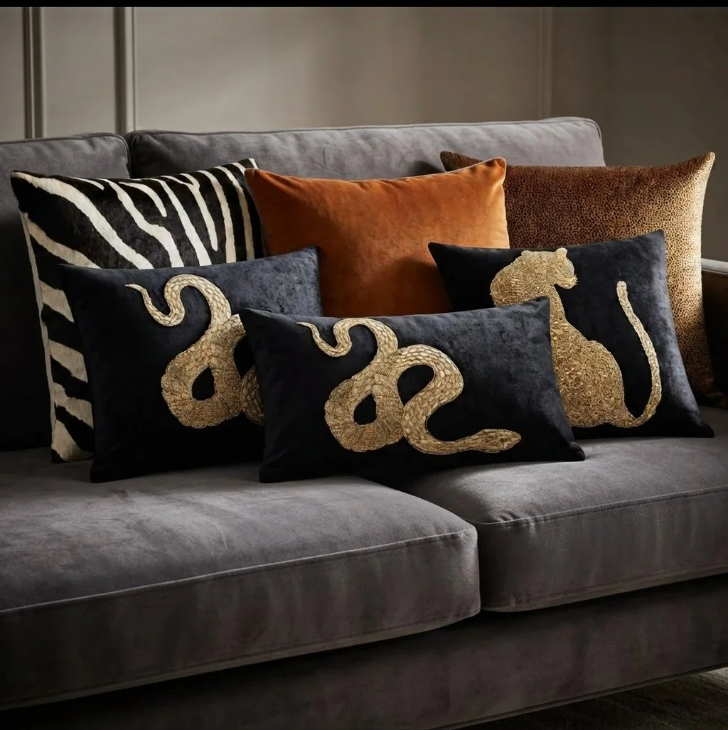 selection of black and Gold pillows displayed on modern sofa