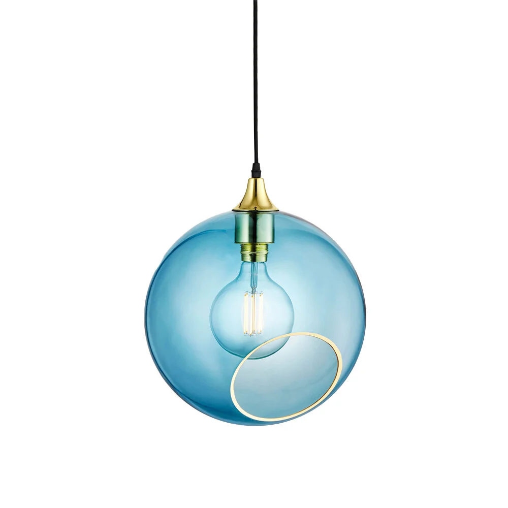 Marie Burgos Collection Ballroom XL Blue handblown glass pendant light, 15-inch diameter with brass edge and gold socket in a luxury foyer setting.