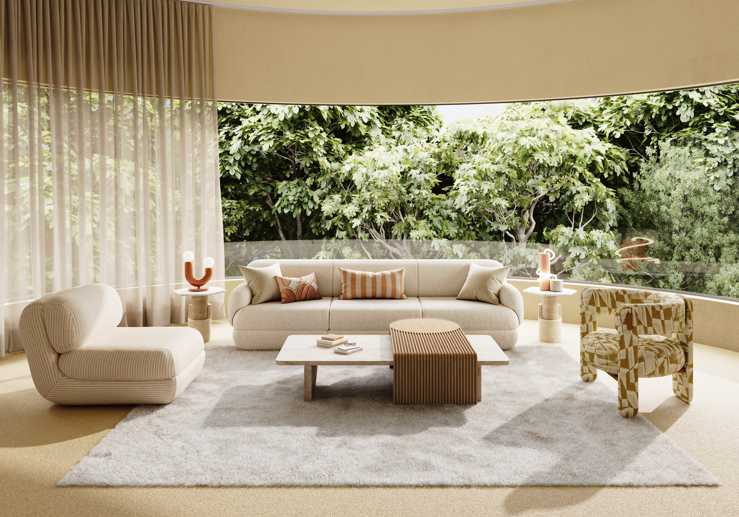 Open concept living room with Mood sofa and Mood accent chair, curved seating arrangement- marie-burgos-collection