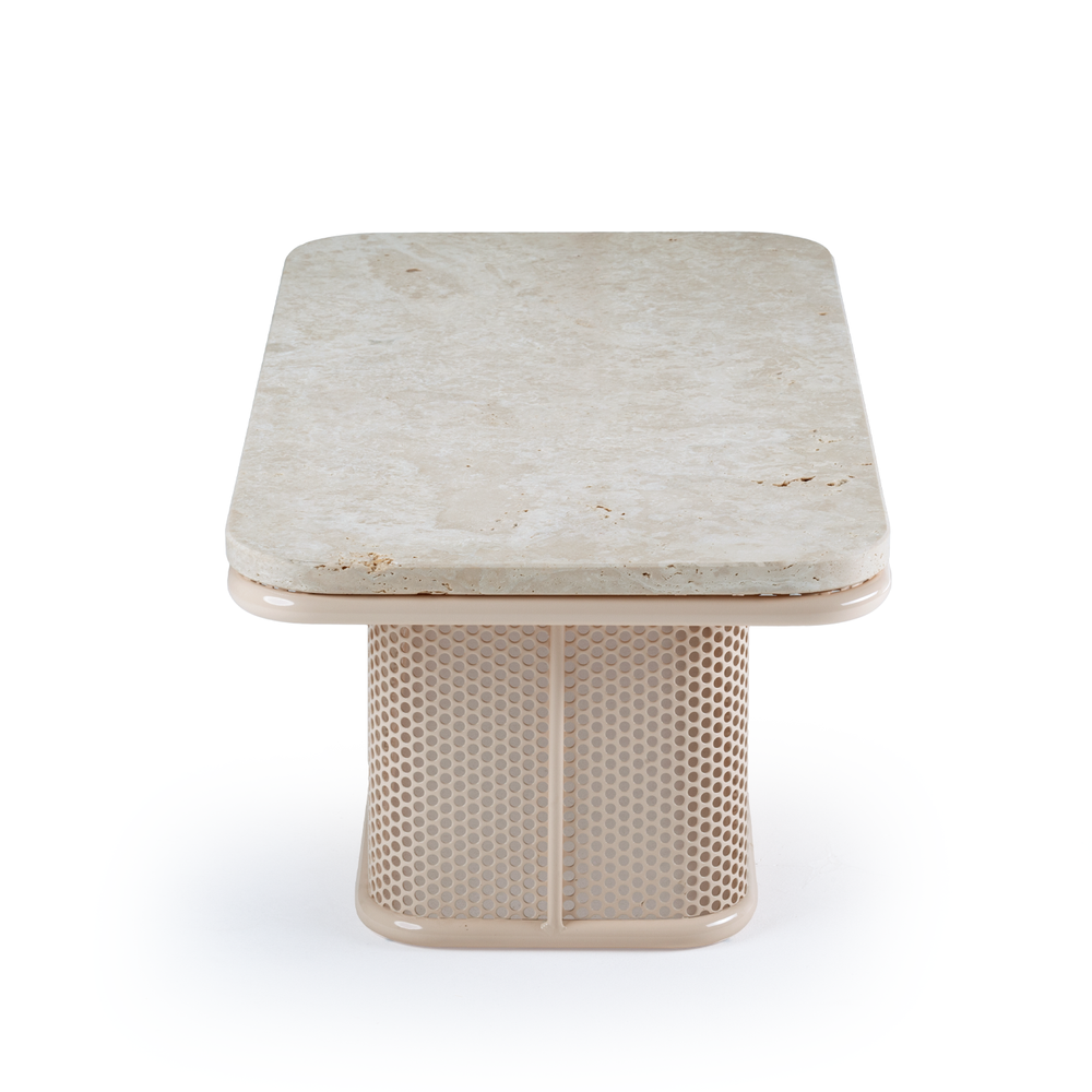Front view of Riviera coffee table with travertine top and rounded perforated metal base