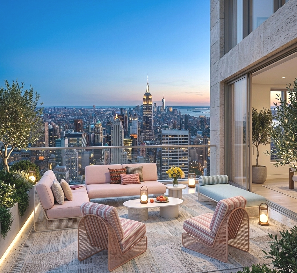 A luxury high-rise condominium rooftop terrace at twilight overlooking the New York City Skyline and the illuminated Empire State Building, furnished with a light pink outdoor sofa, striped armchairs, a blue chaise lounge, lanterns,riviera collection