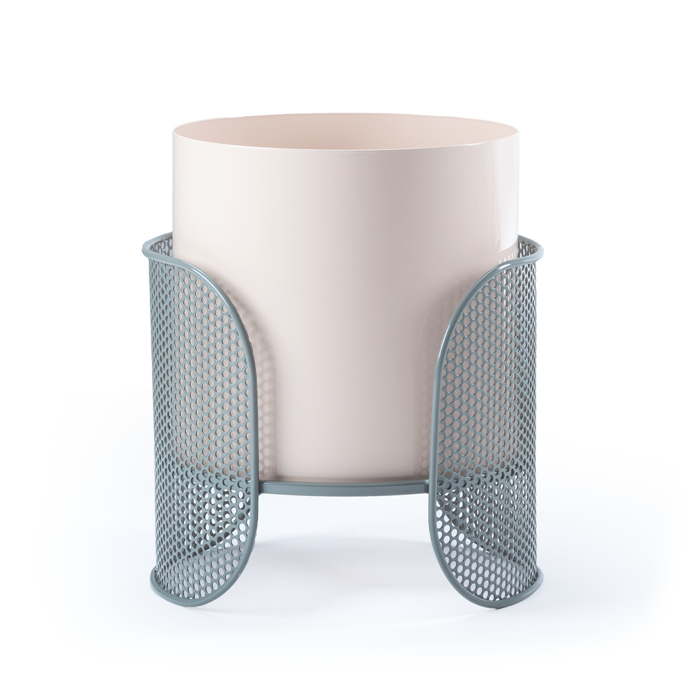 Large Riviera vase with blue metal base and minimalist ceramic body, ideal for modern plant styling.