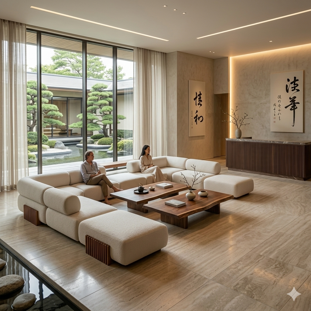 Zen-inspired hotel lobby with Carmel modular sofa Marie Burgos Collection