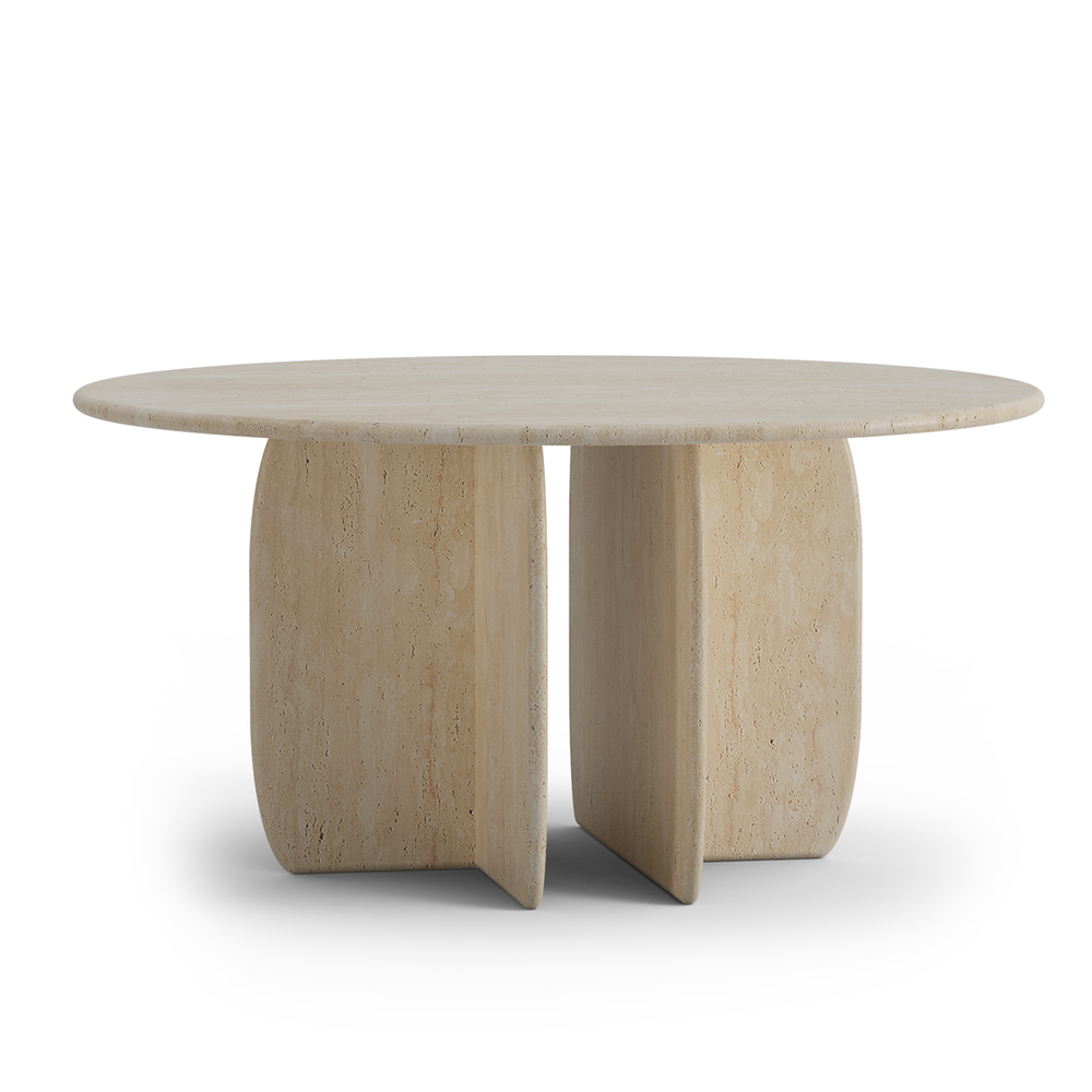 Modern travertine dining table with a sculptural base and clean circular top, ideal for contemporary outdoor settings.