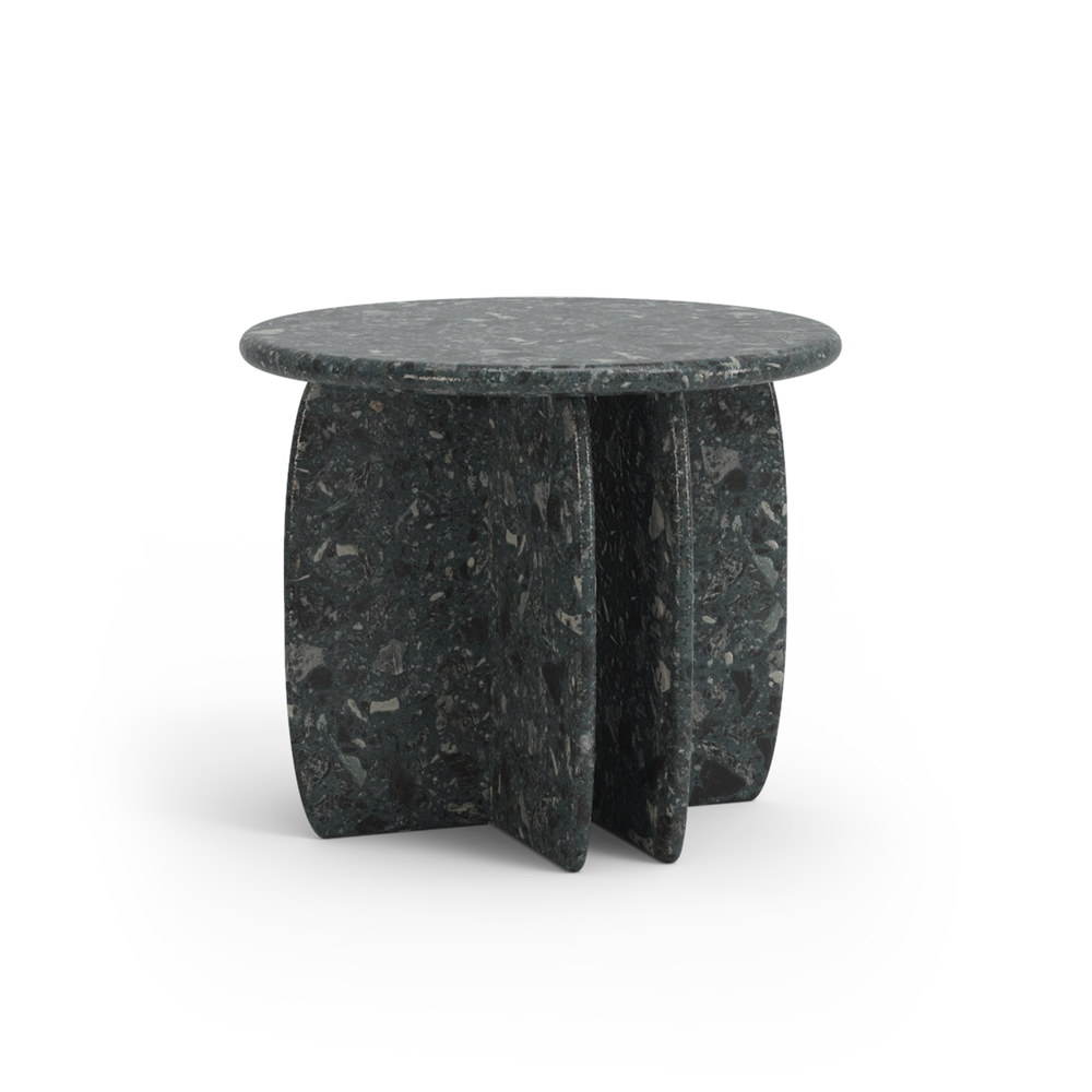 Dark terrazzo side table with bold sculptural base for modern and luxury spaces