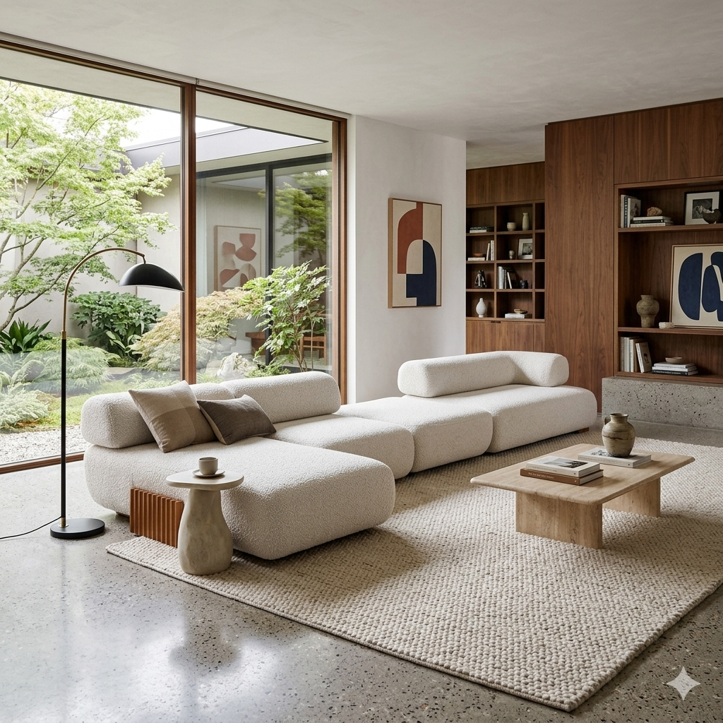 Large-scale Carmel 4-piece sofa styled in a high-end, open-concept lounge area, illustrating sophisticated comfort.