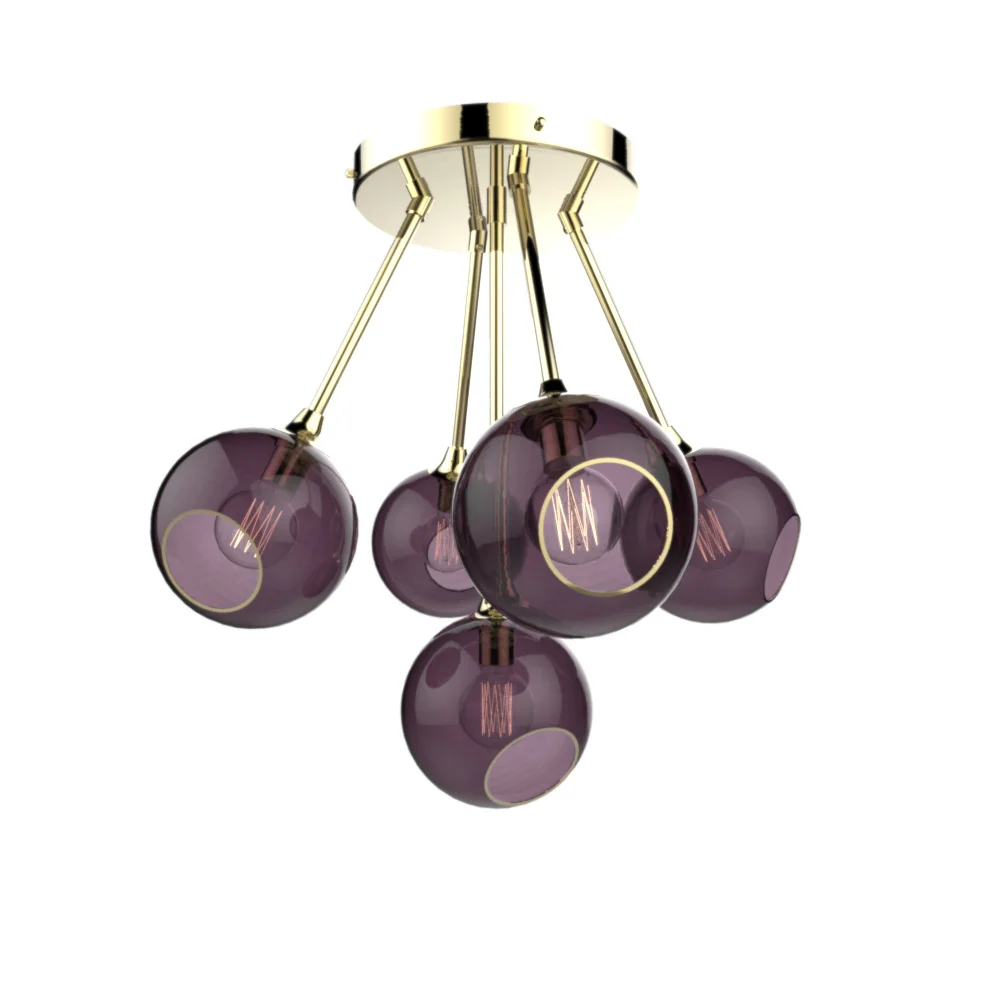 Marie Burgos Ballroom Molecule Gold-Purple Chandelier featuring five Purple Rain handblown glass globes with hand-painted gold rims on a sculptural gold-finished frame.