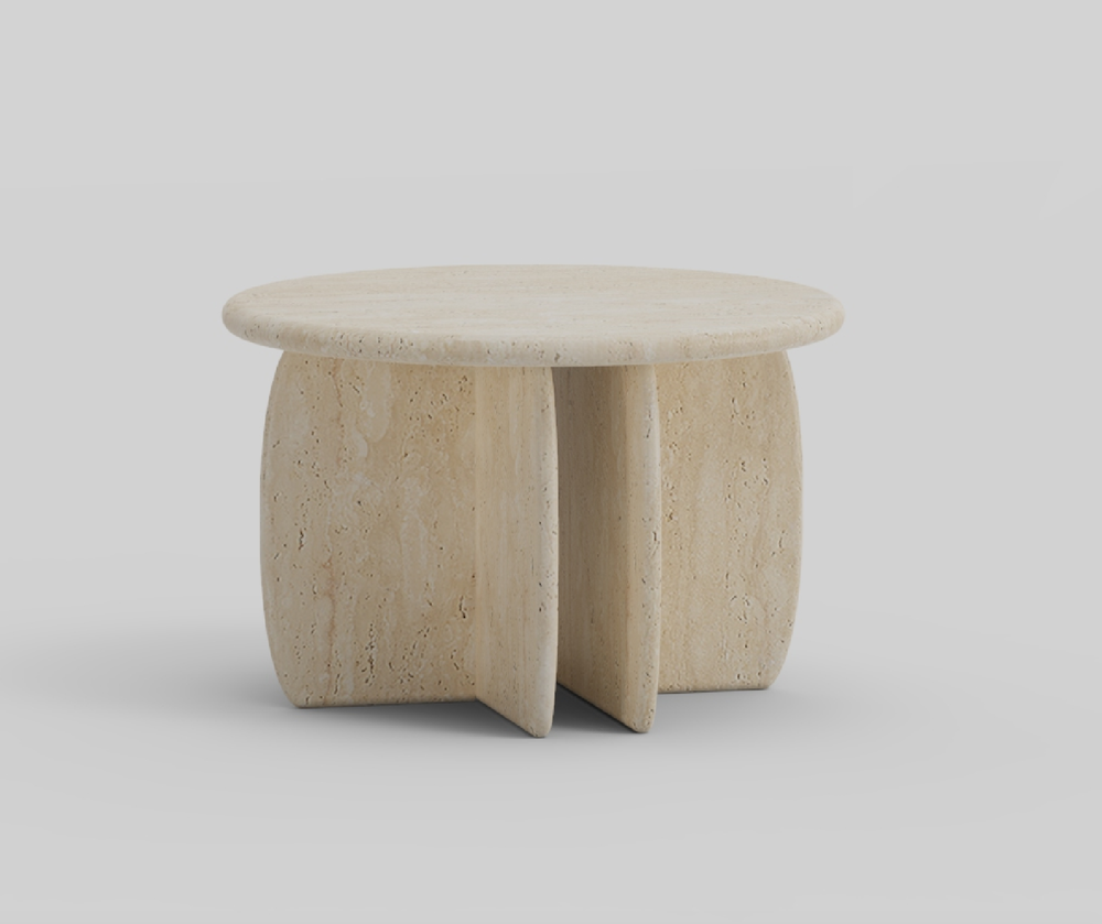 Travertine side table front detail showing natural texture and geometric base