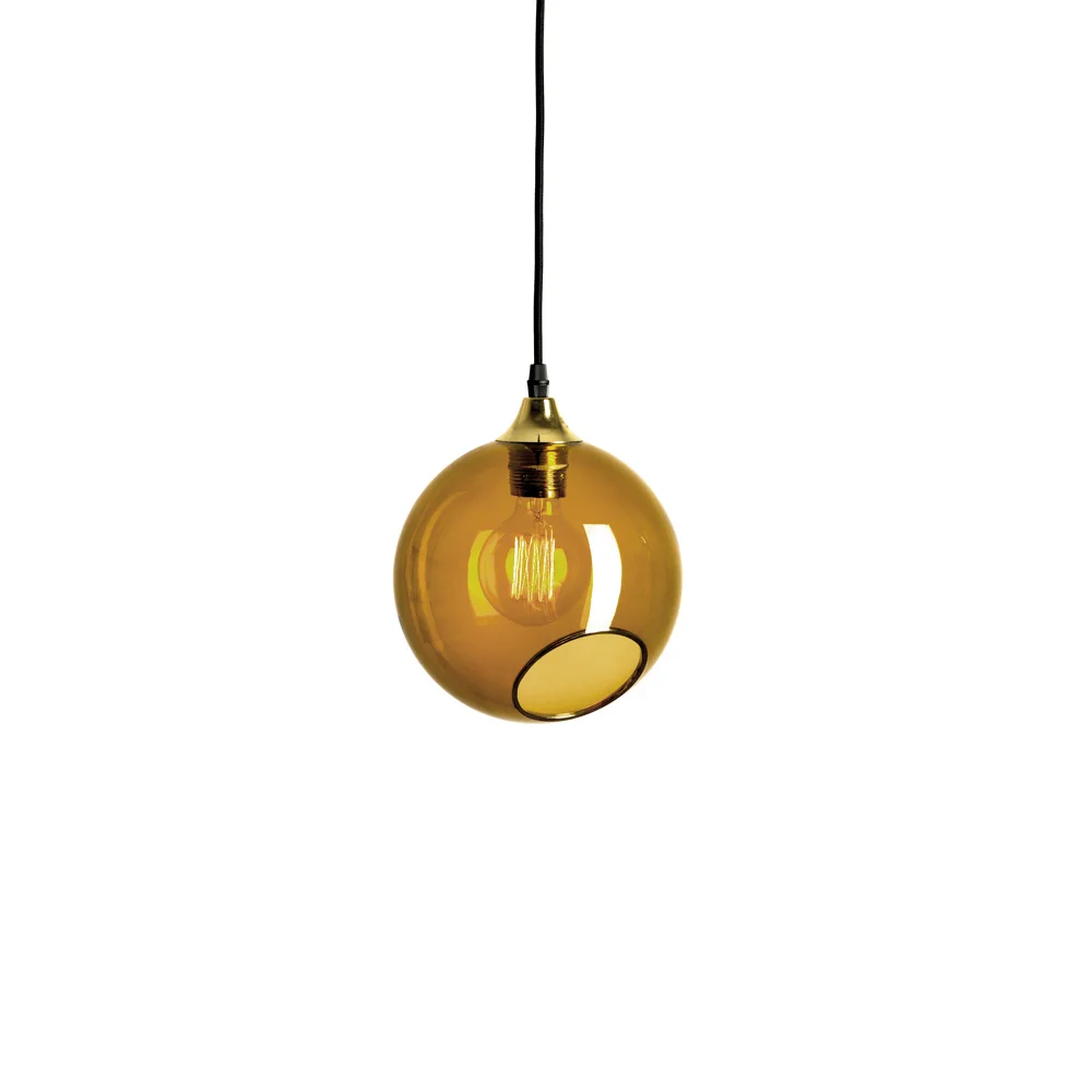 Marie Burgos Collection Ballroom Amber handblown glass pendant light with hand-painted gold rim and brass hardware..png