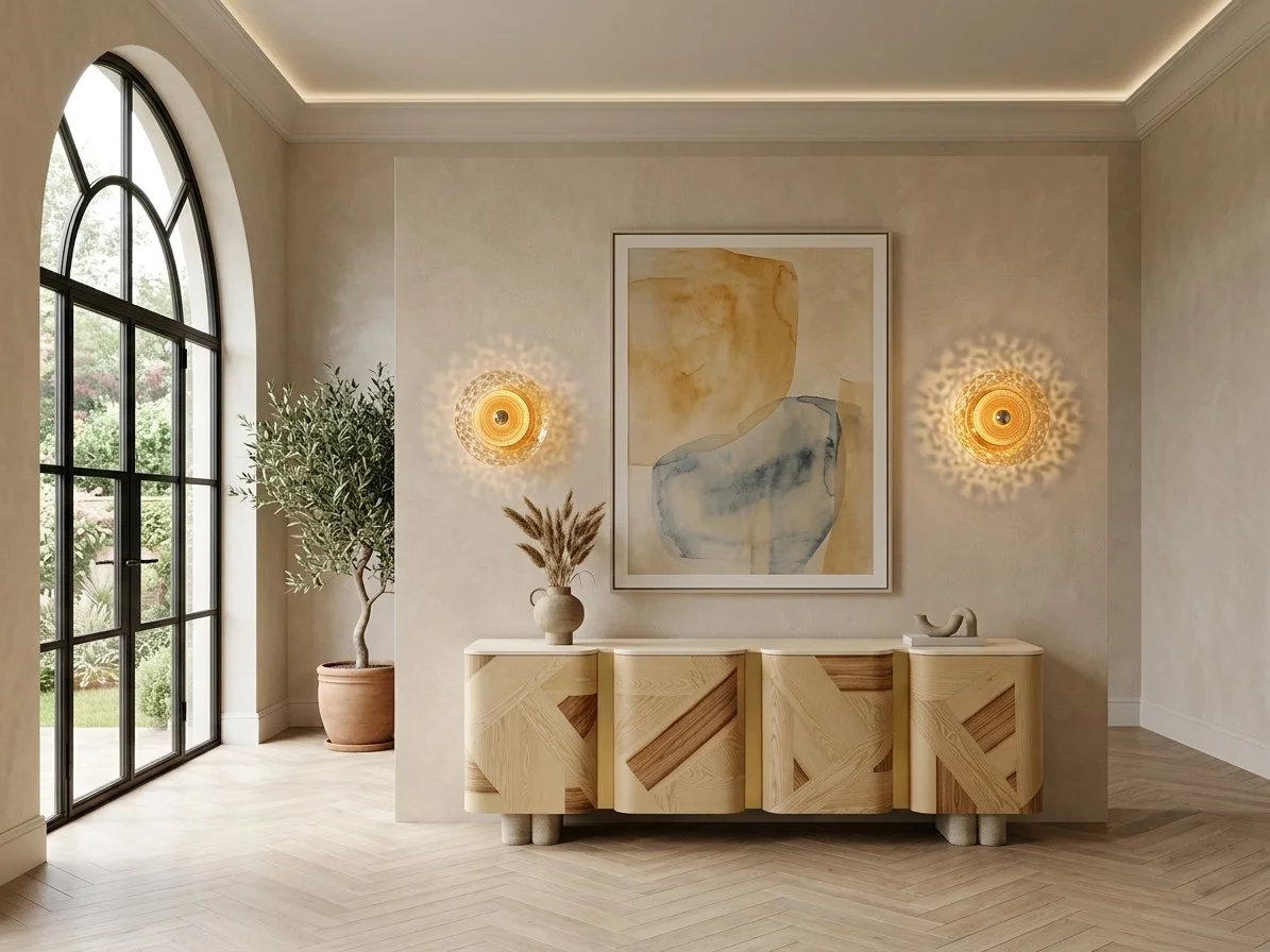 Discorama sconce installed as a pair flanking a artwork over the Kisho Sideboard