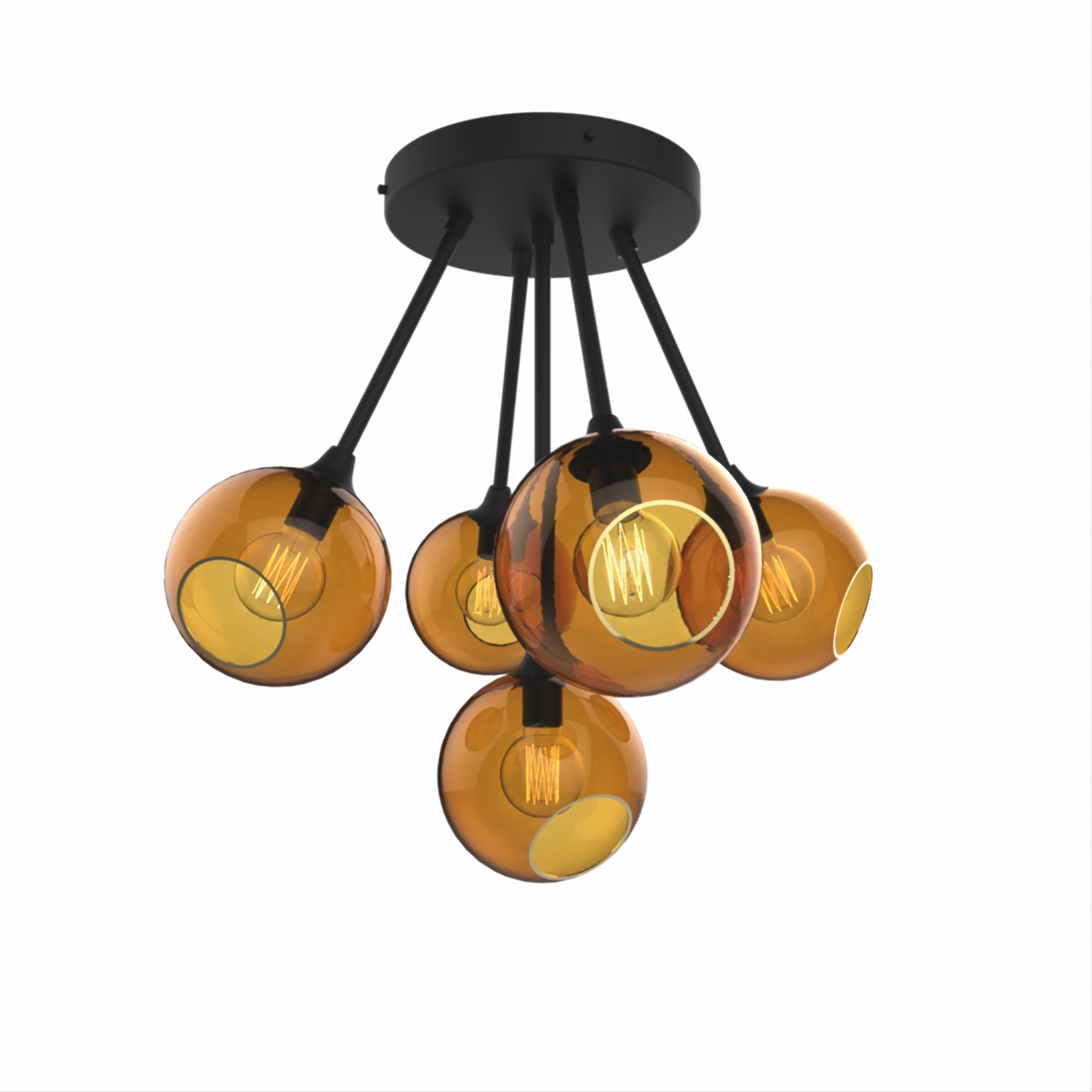 Marie Burgos Ballroom Molecule Black-Amber Chandelier featuring five amber handblown glass globes with hand-painted gold rims on a sculptural black-finished multi-arm frame.