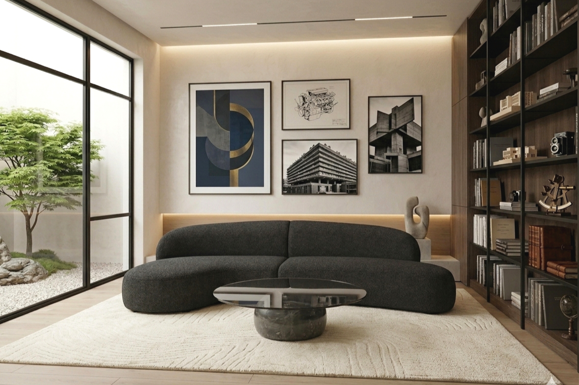 Architectural+living+room+with+the+Moritz+2-piece+curved+sectional+in+Licorice+Boucle%2C+styled+with+abstract+blue+wall+art+and+a+curated+dark+wood+bookcase.png