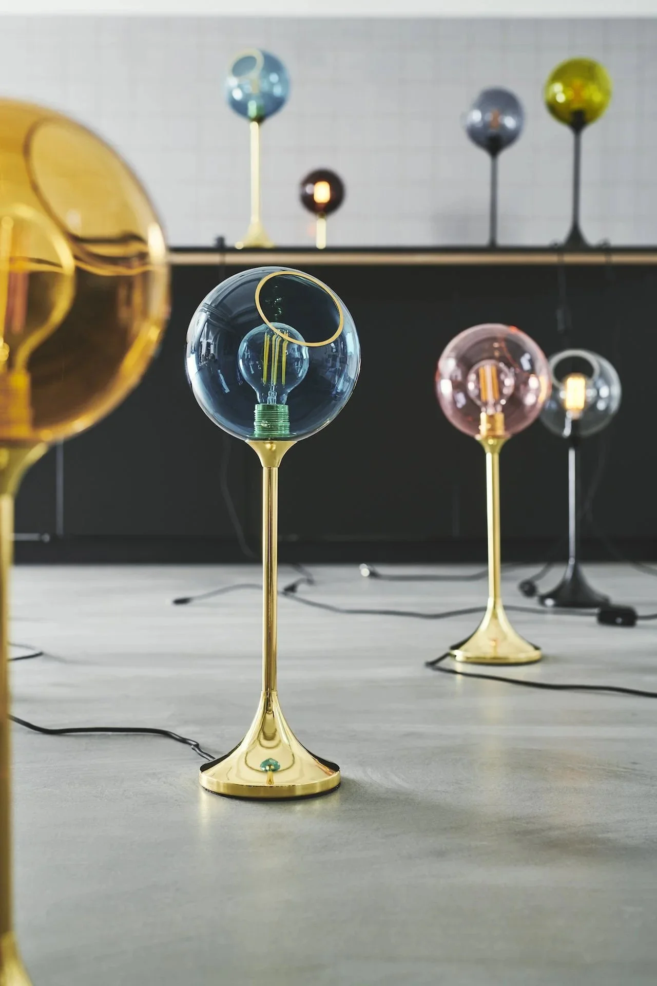Ballroom Table lamps in colors pink, blue, amber, green , smoke with gold or black bases.