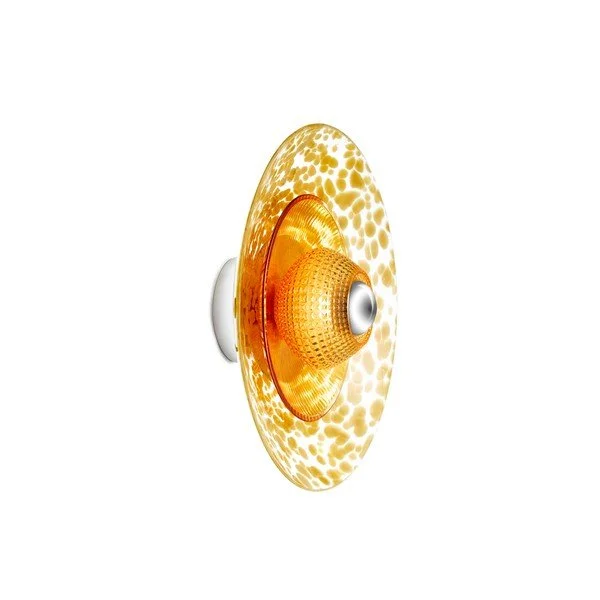 Angled view of the Amber Disco Rama sconce showing its layered amber glass discs and wall-mounted base.