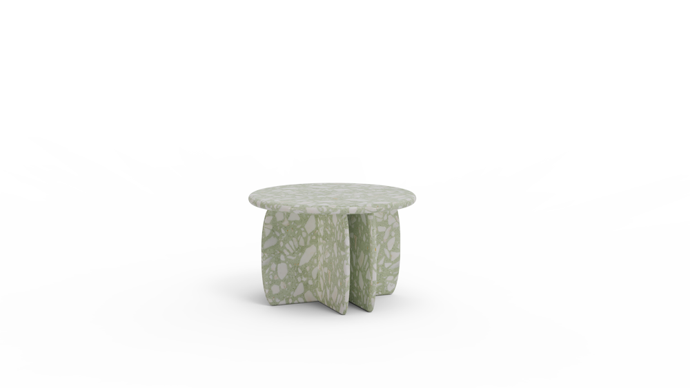 Compact green terrazzo side table with rounded top and sculptural base