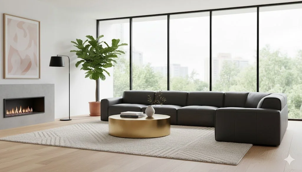 Marie-Burgos-Collection-Boone-Sectional-in-Iron-Ore-leather-sculptural-gold-center-table-minimalist-interior