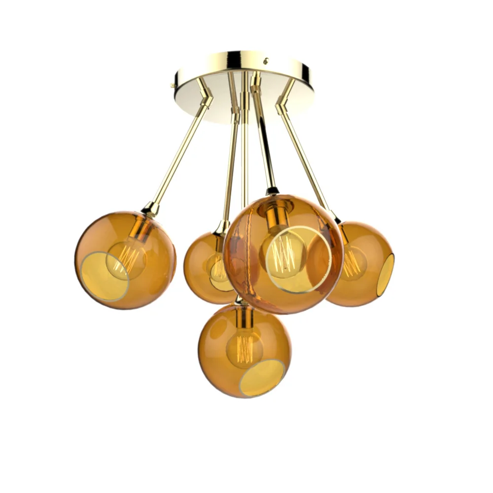 Marie Burgos Collection Ballroom Molecule Gold-Amber Chandelier featuring five handblown amber glass spheres with hand-painted gold rims on a sculptural gold multi-arm frame.