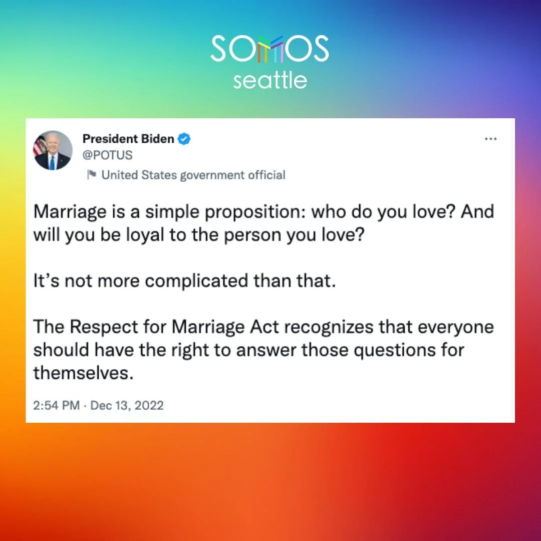 On Tuesday, Dec. 13th, 2022 President Biden signed the Respect for Marriage Act into law, which protects the rights of LGBTQ+ and interracial couples.

El martes 13 de diciembre de 2022, el presidente Biden firm&oacute; la Ley de Respeto al Matrimoni