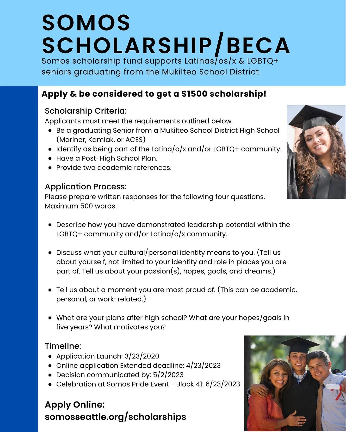 #Classof2023 you can now apply for the Somos Scholarship Fund. This scholarship is for a graduating high school senior. Check out the details on our website. 

✳️ somosseattle.org/scholarships 

#Latinx #Scholarships