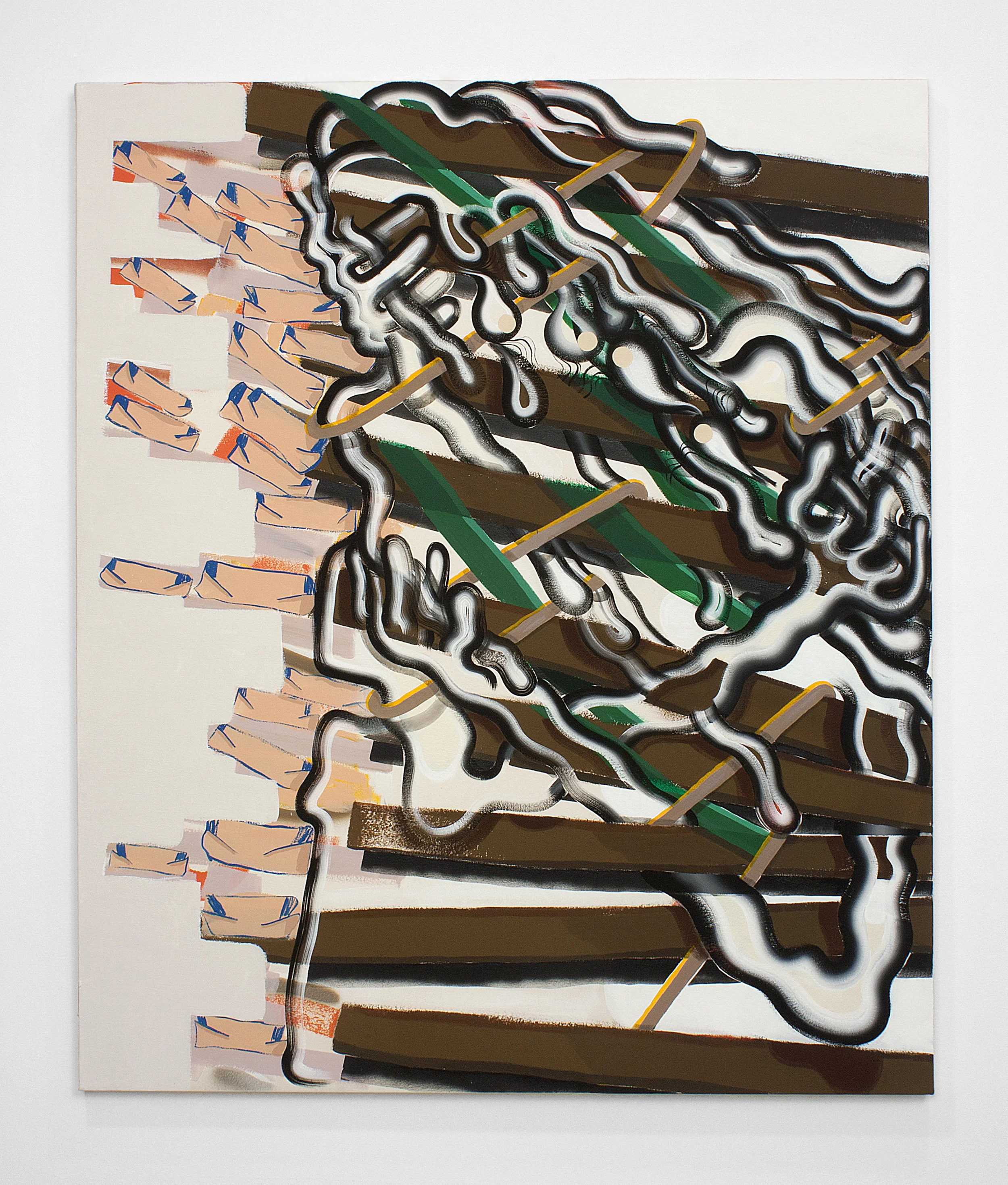 To Dissolving The New Classics , 2019, Flashe and spray paint on canvas, 50 x 42 inches