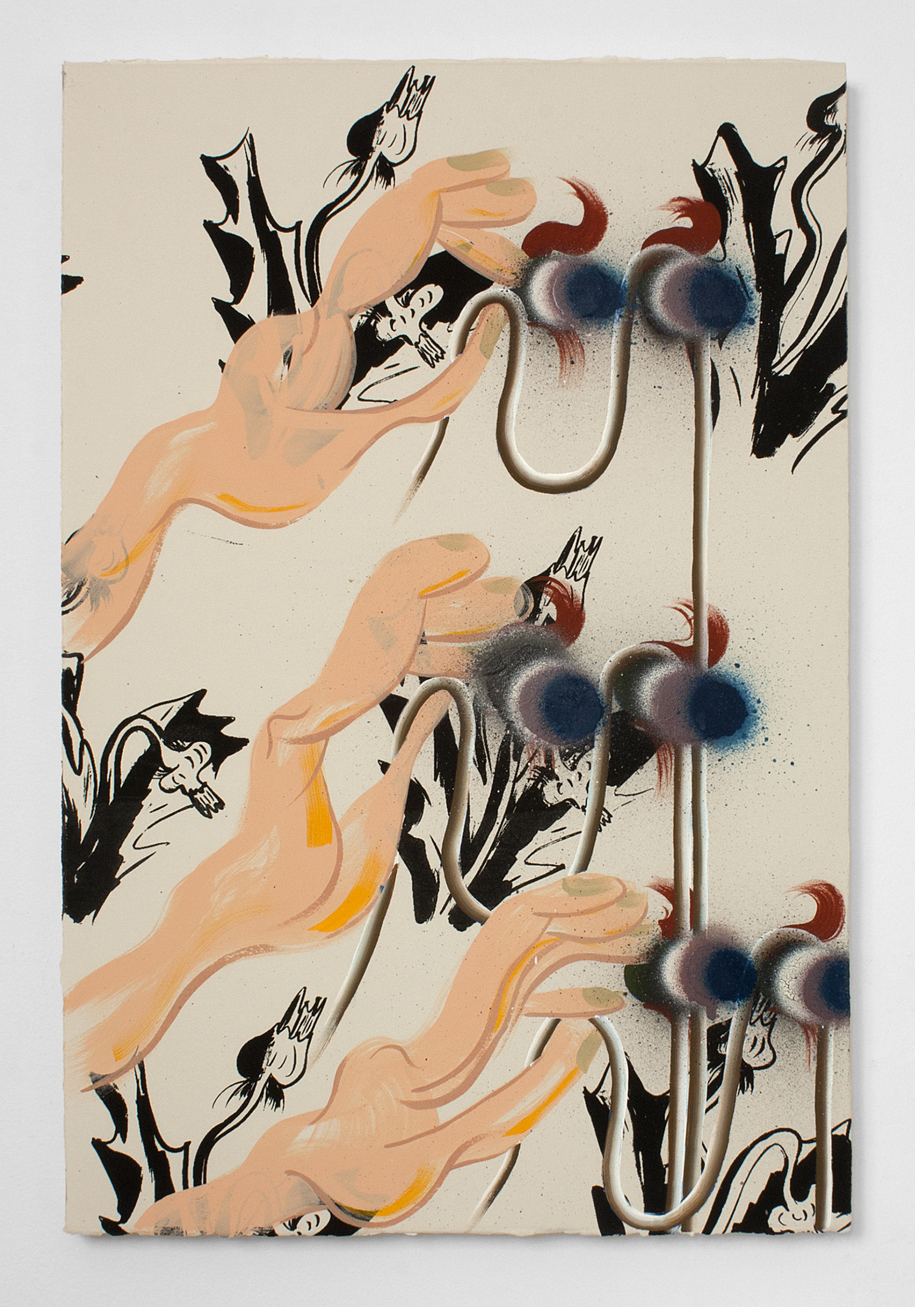 Untitled , 2018, Flashe, silkscreen, and spray paint on paper on panel, 22.25 x 15 inches