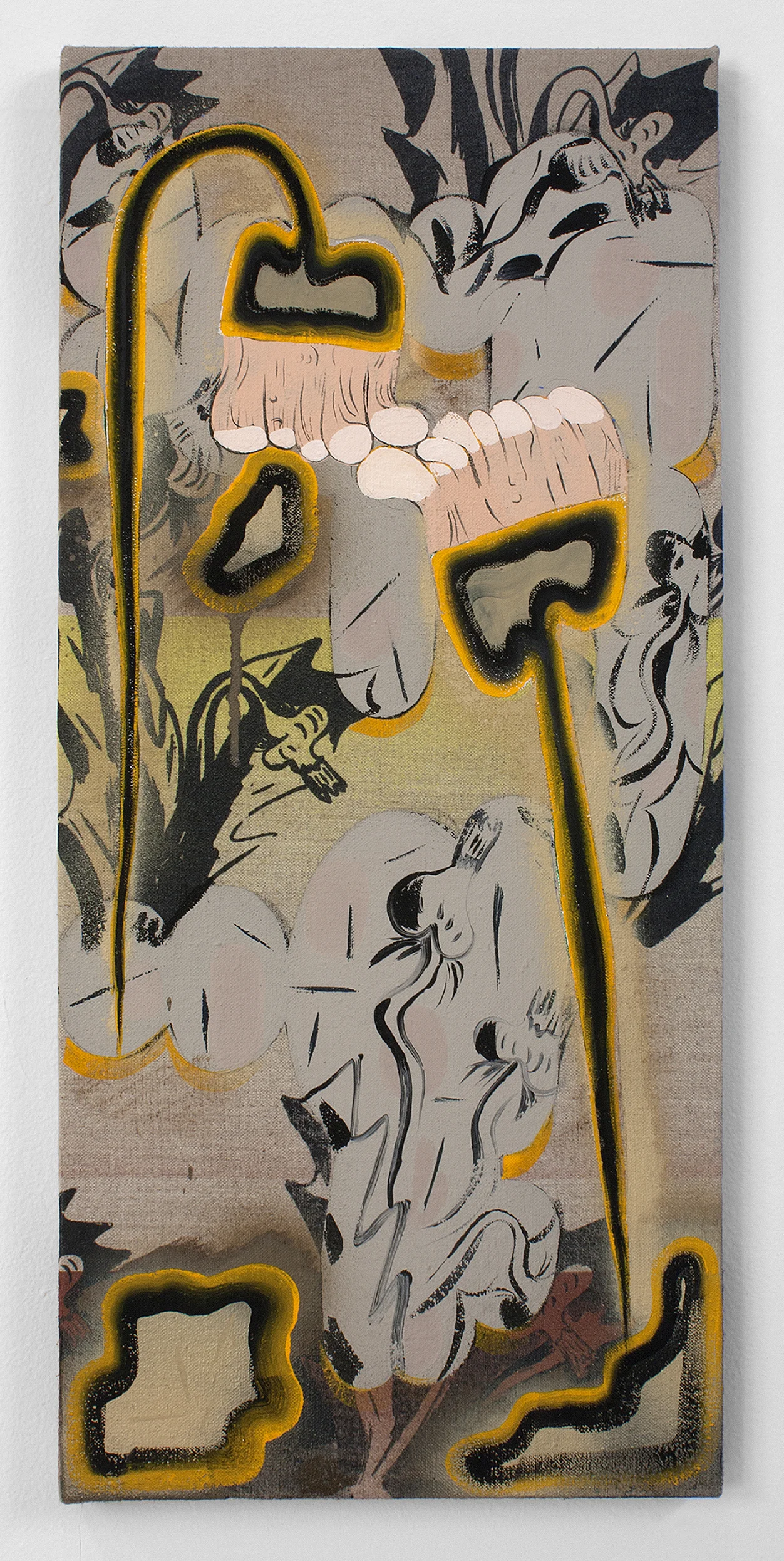 Apocalypse 101 , 2019, Flashe, spray paint, and silkscreen on linen, 22 x 10 inches