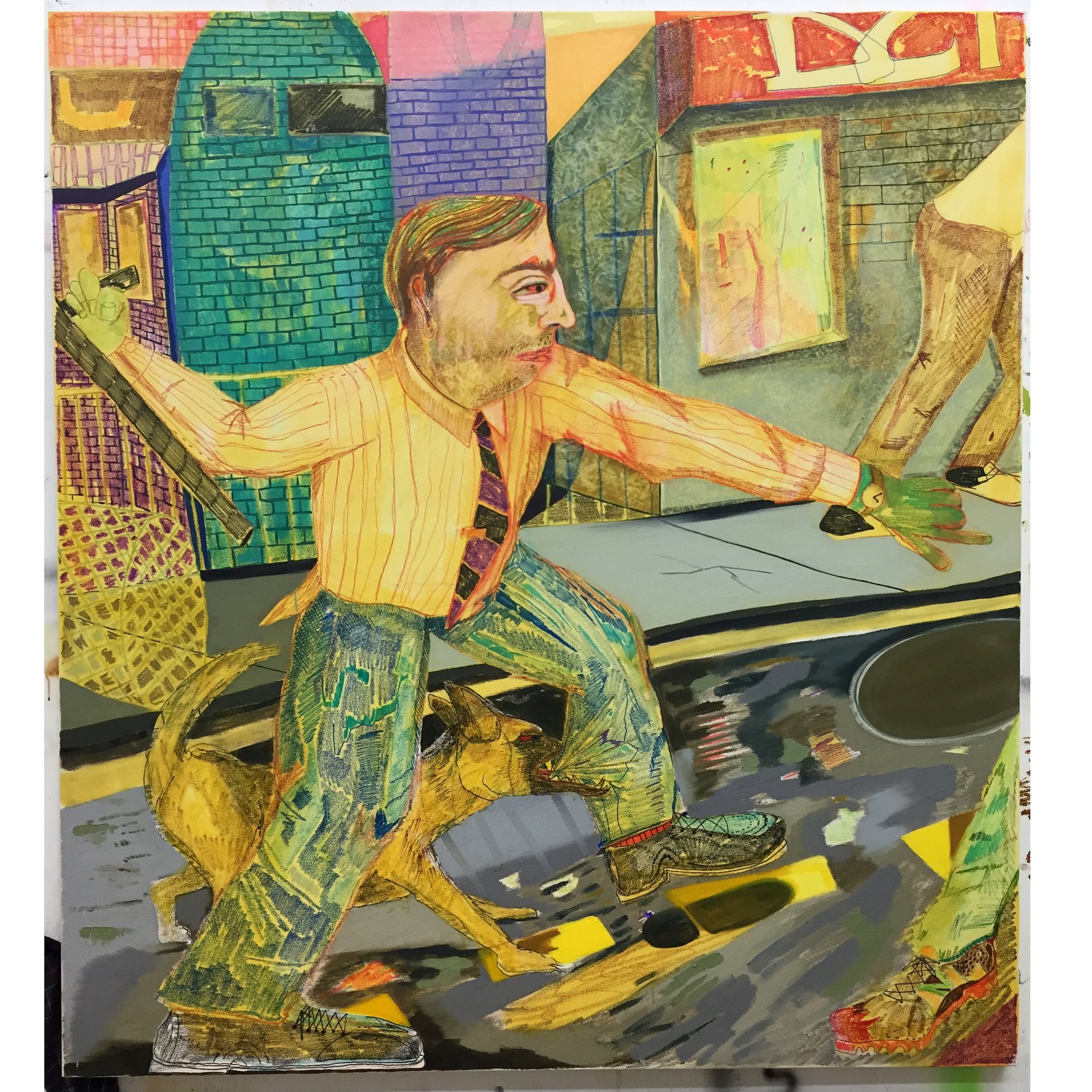 Falling Down, 2017, Oil and marker on canvas, 68 x 62 inches