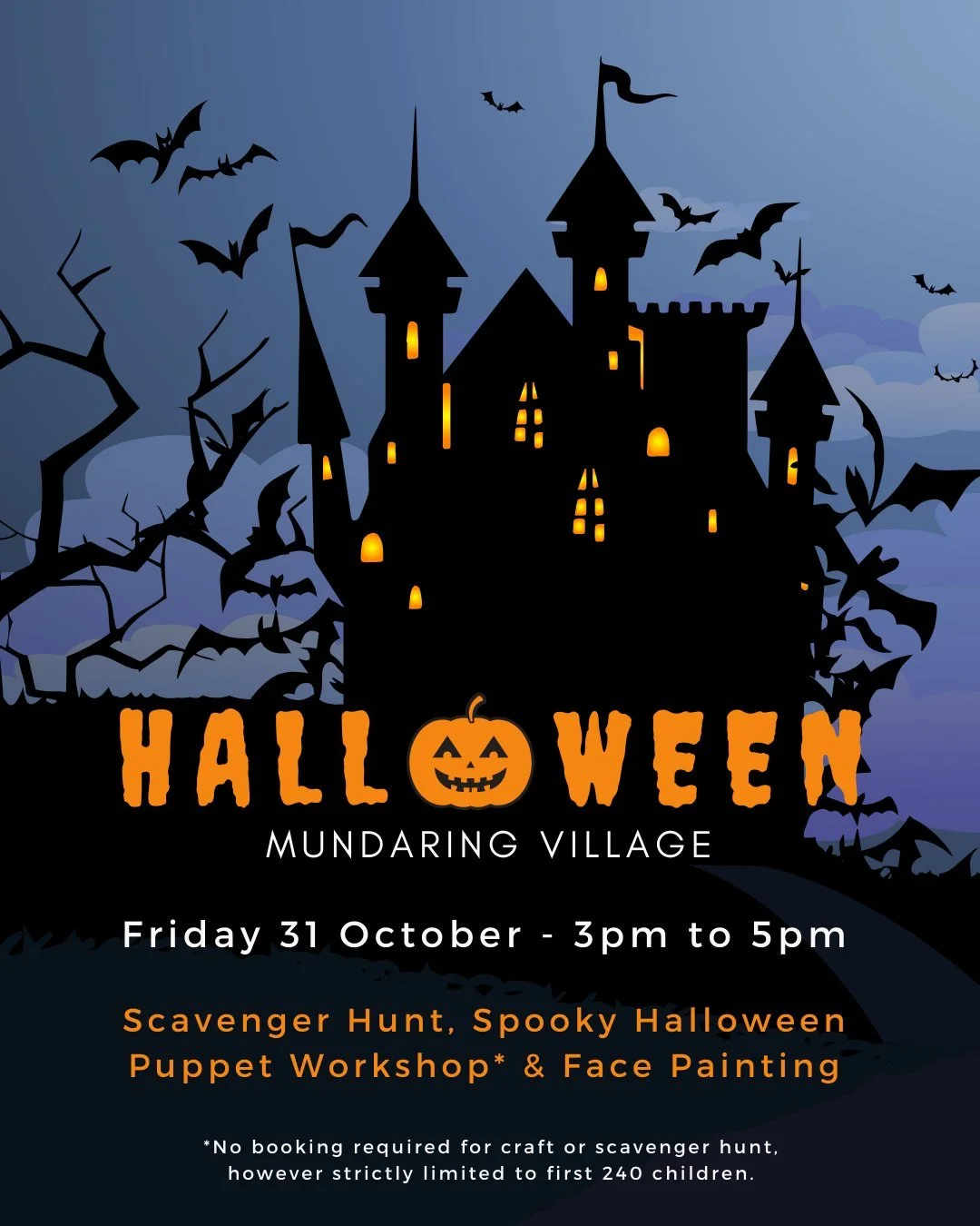 🎃 HALLOWEEN FAMILY FUN! 🎃
Friday 31 October - 3pm to 5pm

Join us this Halloween at Mundaring Village for a heap of FREE fun activities for the kids, including:

🧟 Scavenger Hunt (with lolly bag giveaways)*
🎃 Spooky Puppets Craft Workshop*
👻 Fac