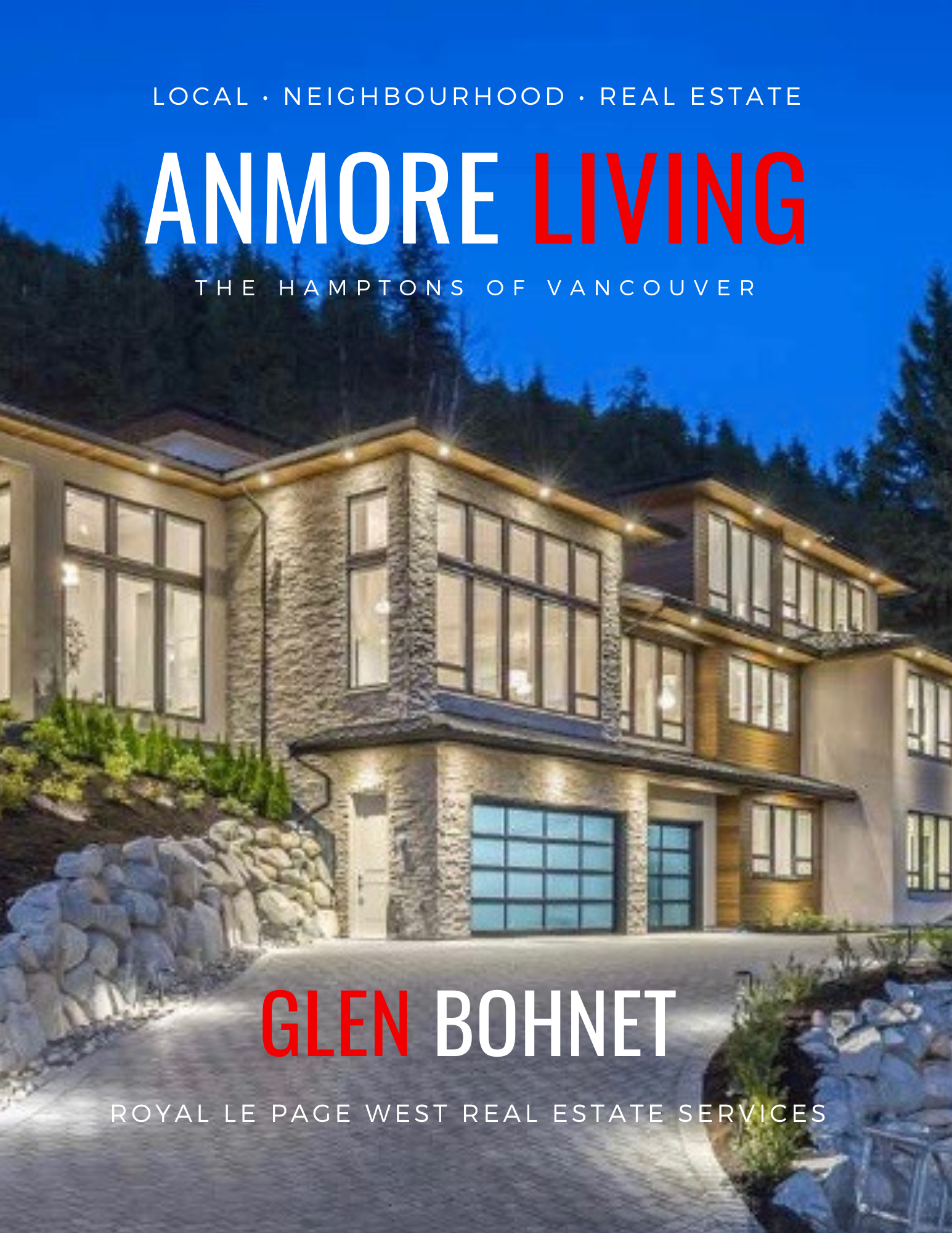 Modern multi-story house with large windows and stone exterior, illuminated at night, set against a hillside background.