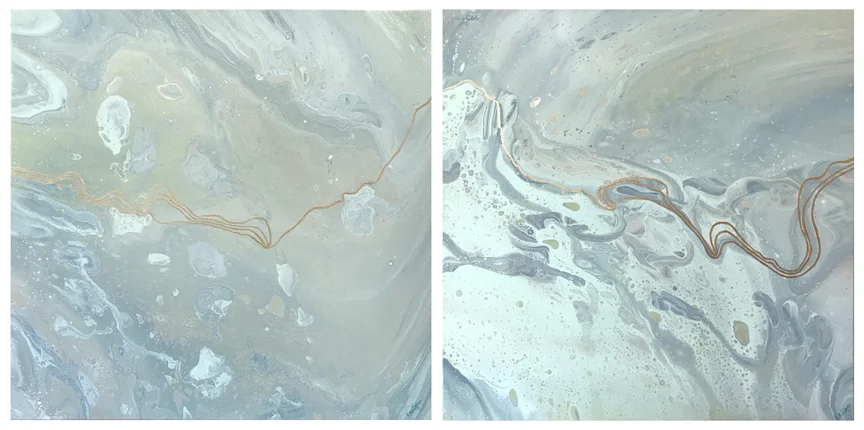 diptych • pour method acrylic painting 18” x 18” each