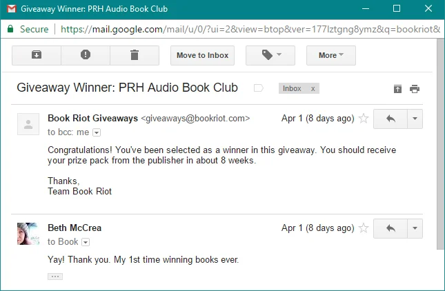 Email noting I won 
