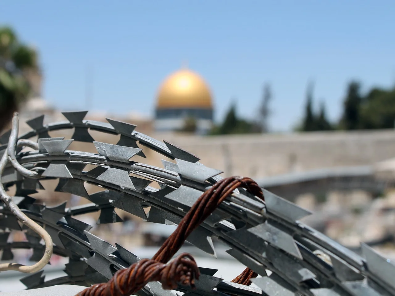 Barbed wire with the Dome of the Mount in the background