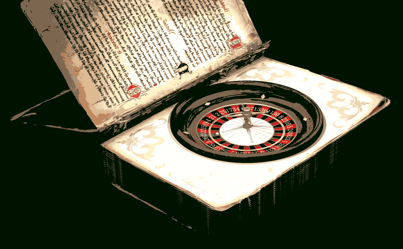 A book opened up with a roulette wheel inside.