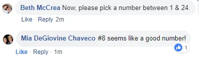 Example of posting on Facebook of Beth asking someone to choose between numbers 1 & 24 for this next part of the roulette.