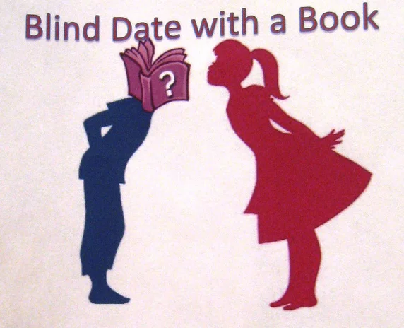 A silhouette of a girl bending forward to kiss a boy who has a book with a question mark for his head. The title above both says, “Blind Date with a Book.”
