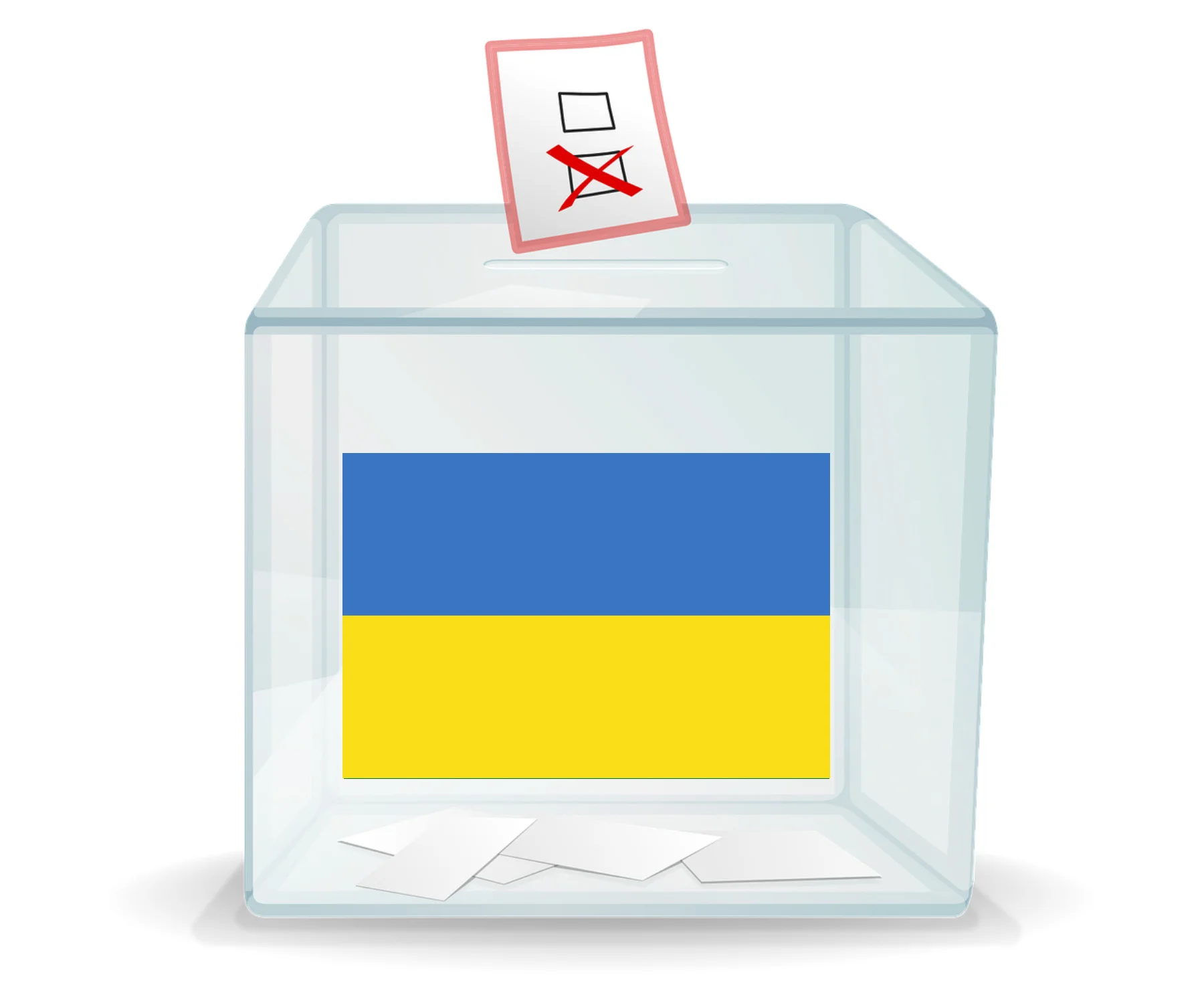 A ballot box with a Ukrainian flag on the front.