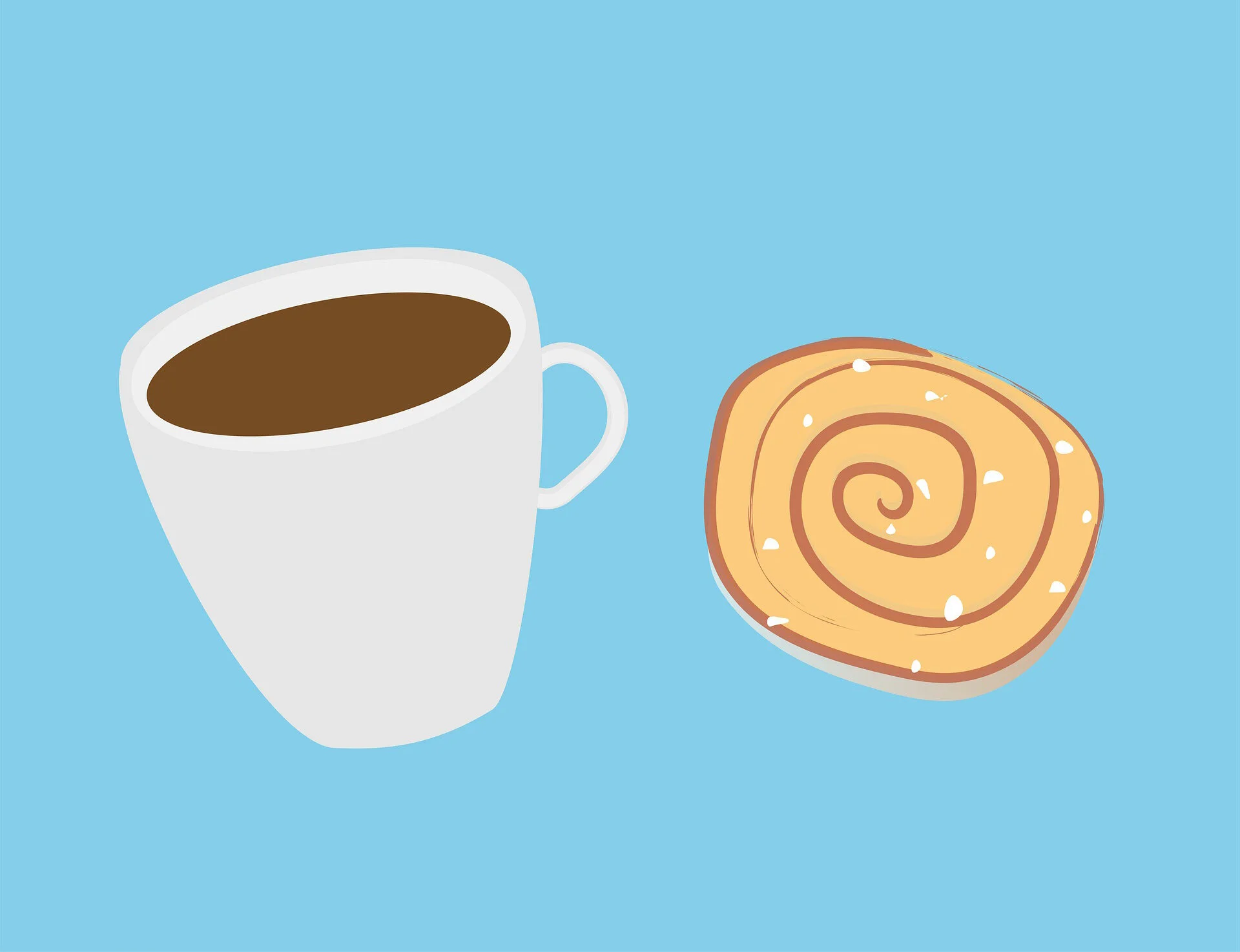 Cartoon-like drawing of coffee in a mug & a spiraled pastry.