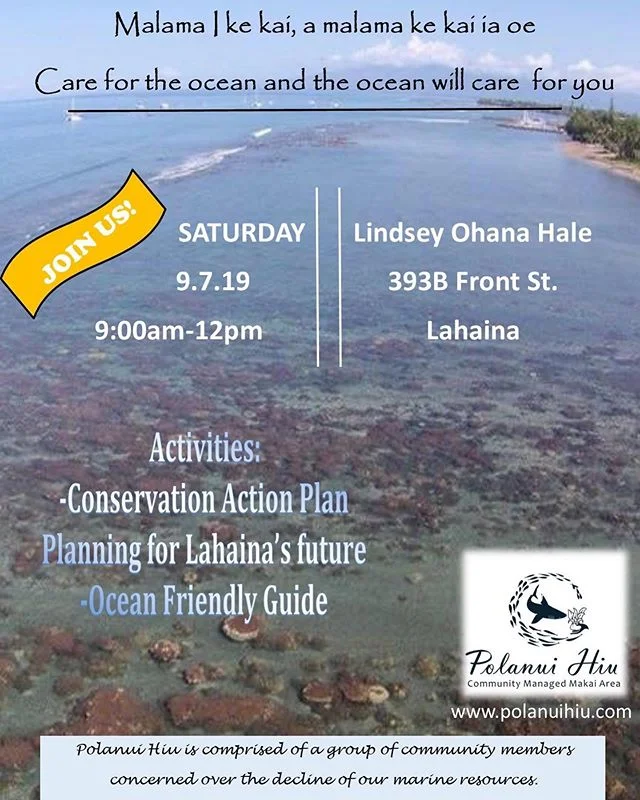 Malama I me Kai, e malama me Kai ia oe.  Care for the ocean and the ocean will care for you.  Join us this Saturday, Sept 7 at 9am for our monthly Polanui Hiu meeting.  We are excited to share Lahaina&rsquo;s CAP.  Visit our website: www.polanuihiu.c